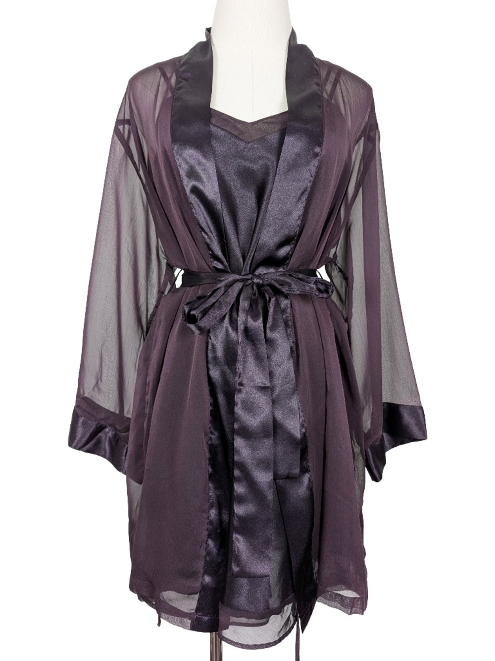 La Vie En Rose Purple Slip & Robe Large Sheer Belted Mini Short Lingerie
